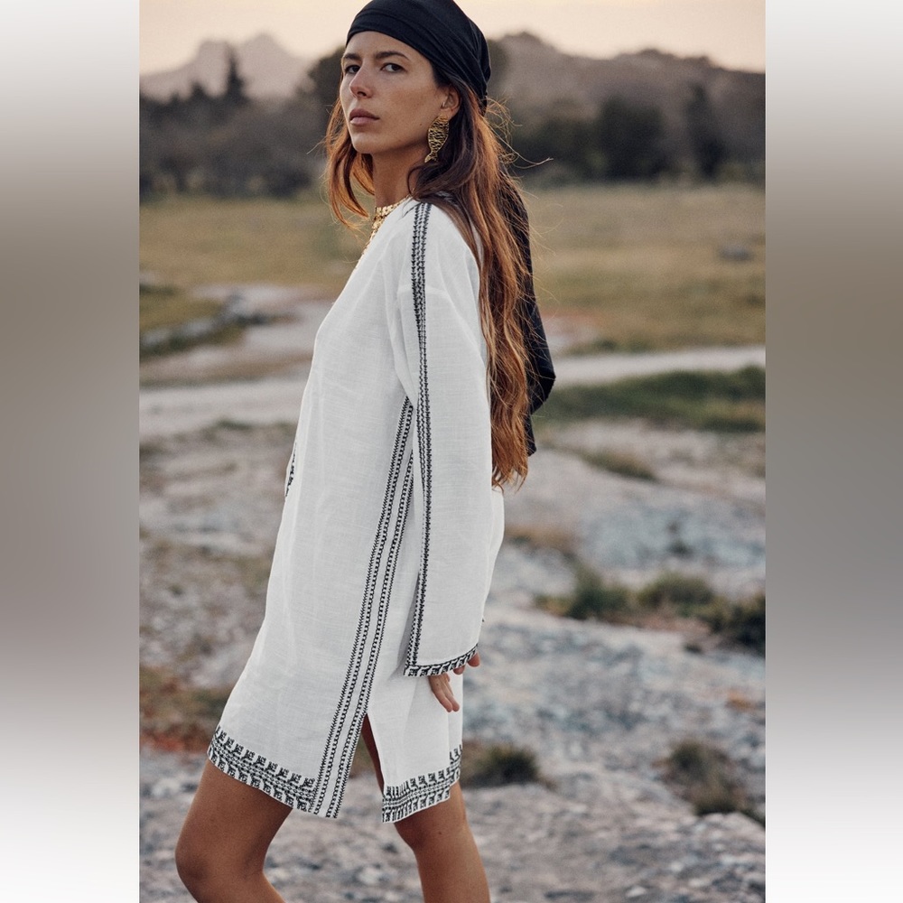 Zara EMBROIDERED TUNIC DRESS. Oyster White. Sizes L, XL. New with Tags. - Picture 3 of 9
